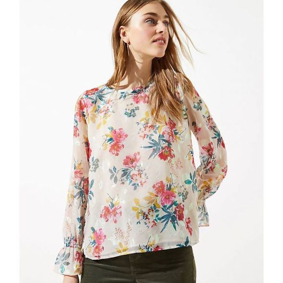 LOFT Floral Bell Cuff Blouse Floral Pink Gold Med - Picture 1 of 12